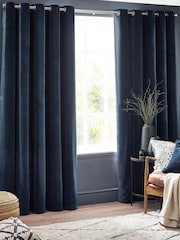 Yard Navy Blue Heavy Chenille Velvet Room Darkening Eyelet Curtains - Image 1 of 5