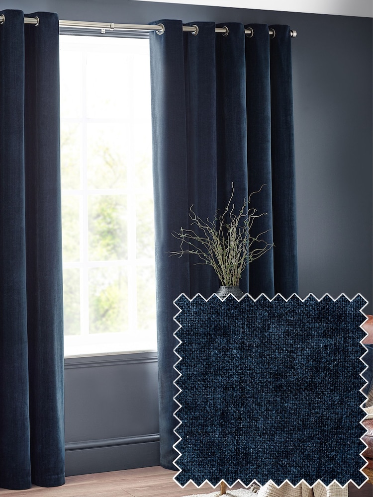 Yard Navy Blue Heavy Chenille Velvet Room Darkening Eyelet Curtains - Image 2 of 5