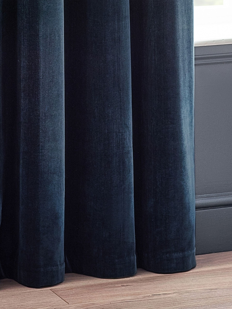 Yard Navy Blue Heavy Chenille Lined Eyelet Curtains - Image 3 of 3