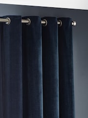 Yard Navy Blue Heavy Chenille Velvet Room Darkening Eyelet Curtains - Image 4 of 5