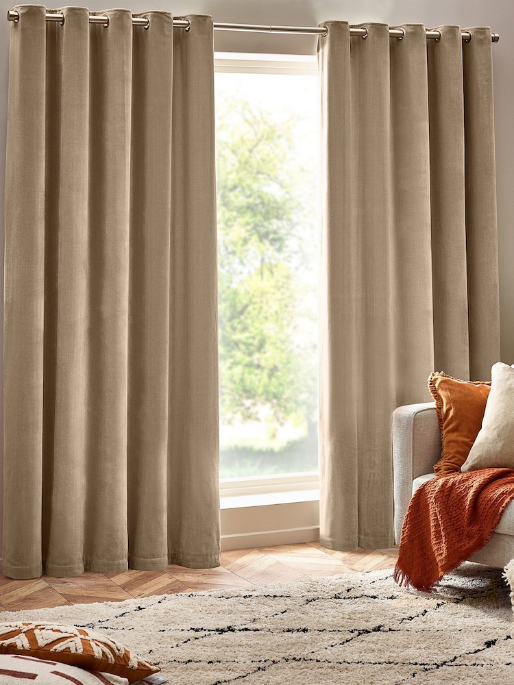 Yard Natural Heavy Chenille Velvet Room Darkening Eyelet Curtains - Image 1 of 5