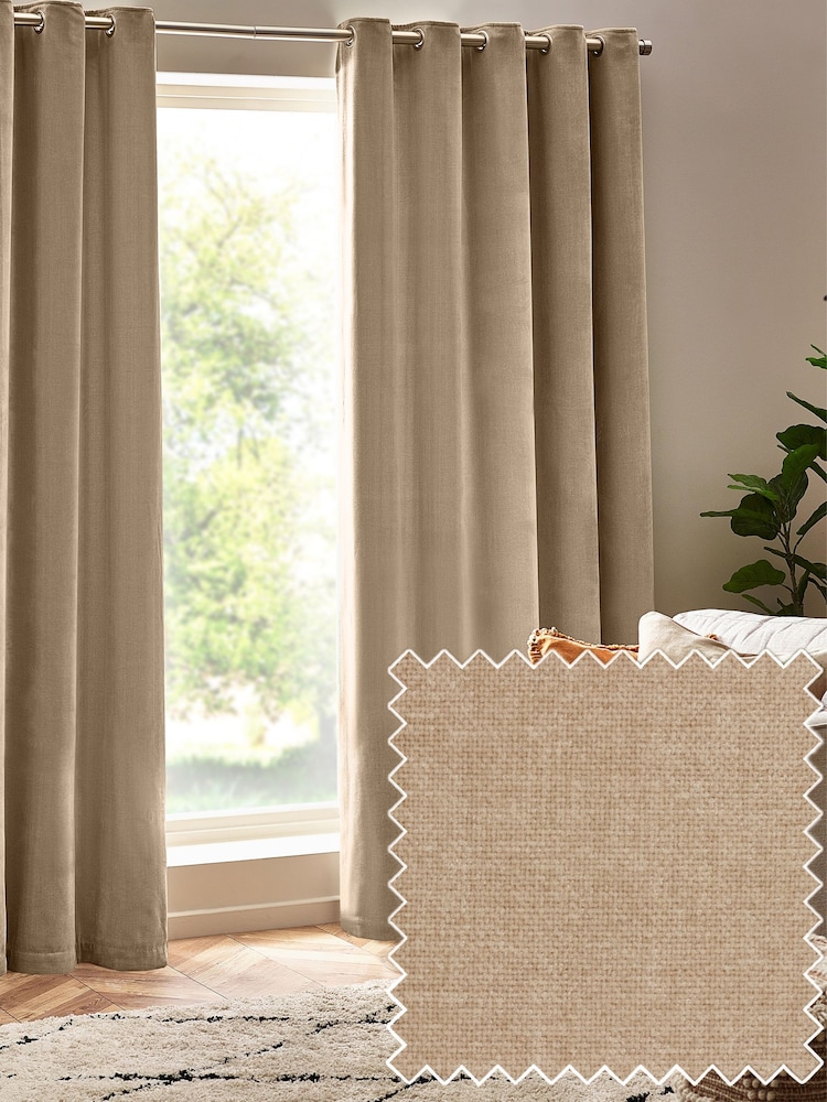 Yard Natural Heavy Chenille Velvet Room Darkening Eyelet Curtains - Image 2 of 5