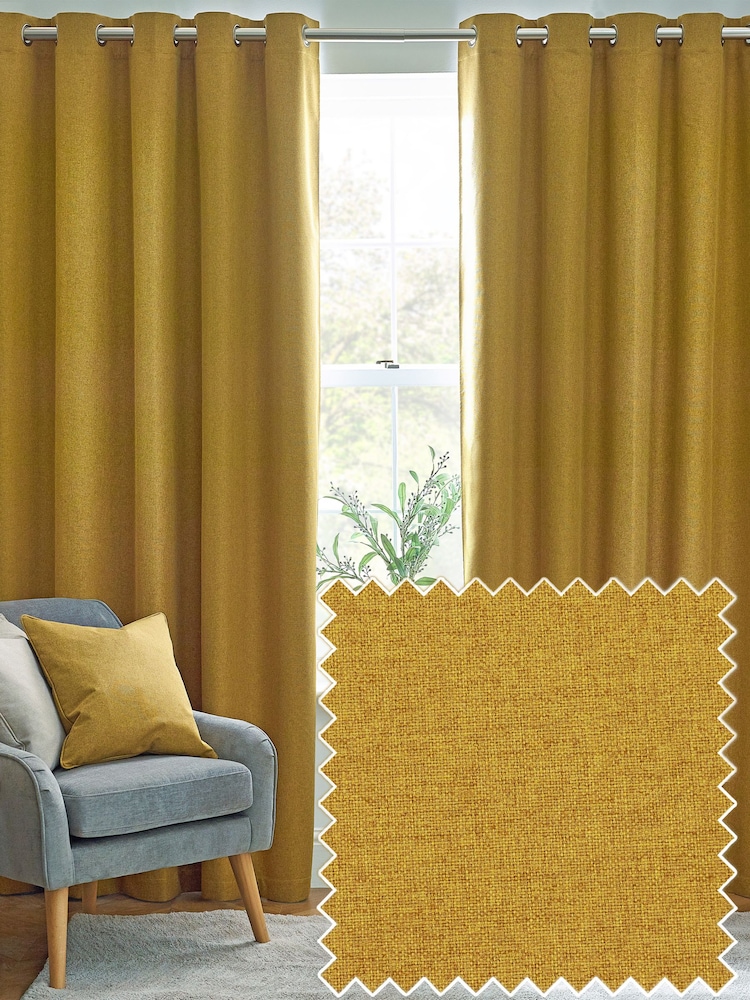 furn. Mustard Dawn 100% Blackout Thermal Eyelet Curtains - Image 2 of 5