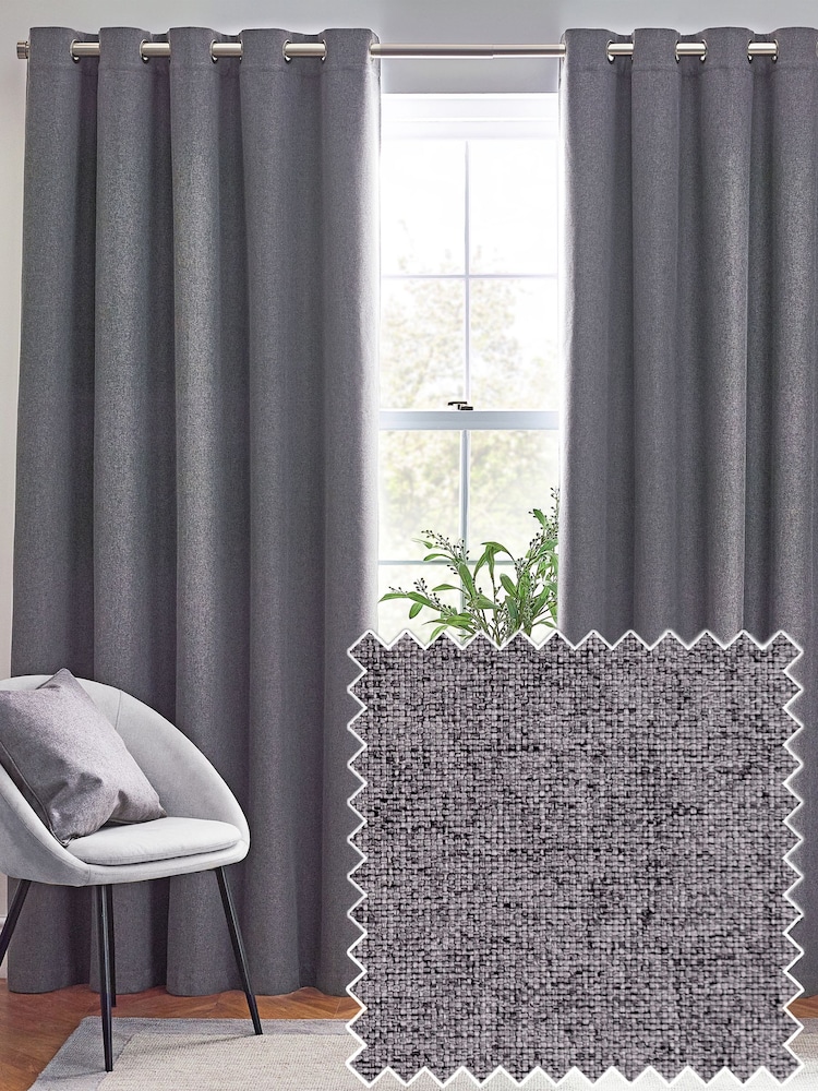 furn. Charcoal Dawn 100% Blackout Thermal Eyelet Curtains - Image 2 of 5