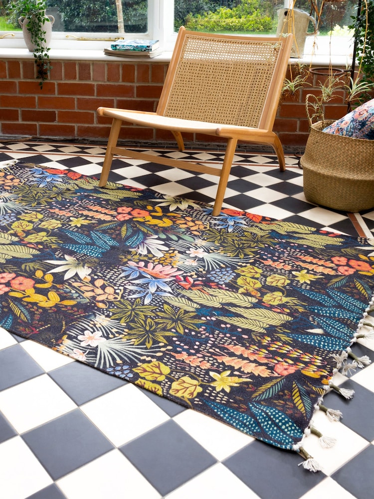 Wylder Midnight Blue Dell Tropical Tasselled Indoor 100% Cotton Rug - Image 1 of 6