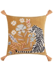 Wylder Gold White Tiger Embroidered Tasselled 100% Cotton Cushion - Image 2 of 6