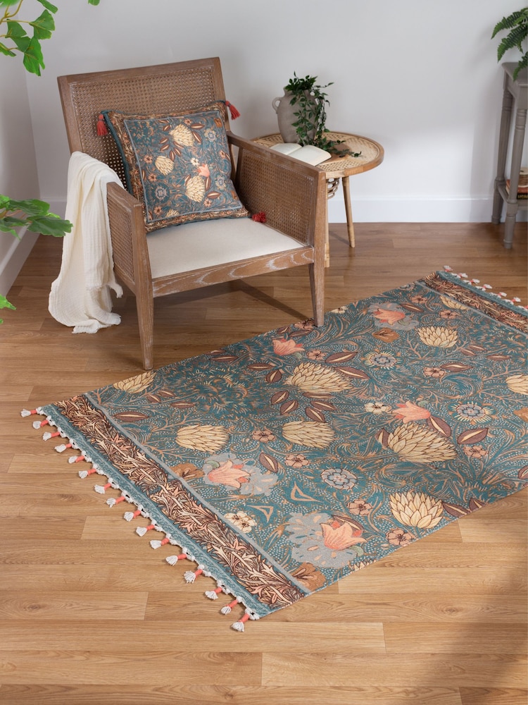 Wylder Blue Bolais Floral Tasselled Indoor 100% Cotton Rug - Image 2 of 7