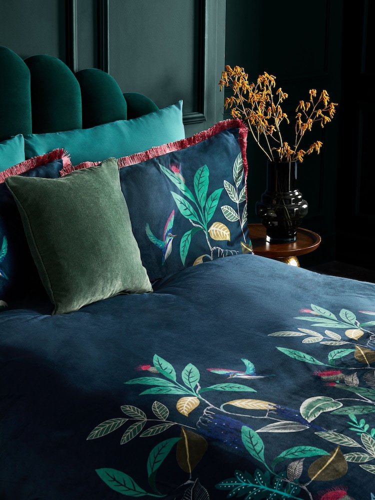 Navy Bold Floral Velvet Duvet Cover and Pillowcase Set - Image 1 of 5