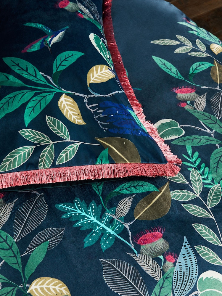 Navy Bold Floral Velvet Duvet Cover and Pillowcase Set - Image 2 of 5