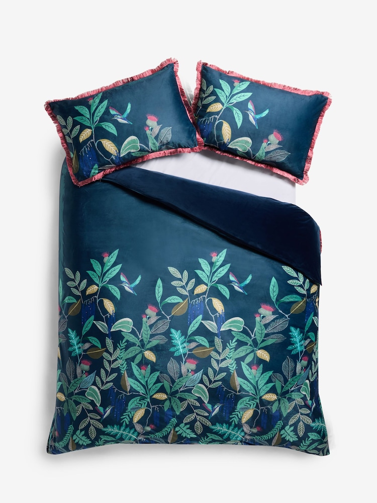 Navy Bold Floral Velvet Duvet Cover and Pillowcase Set - Image 5 of 5