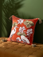 Wylder Coral Kushiro Embroidered Velvet 100% Cotton Cushion - Image 1 of 6