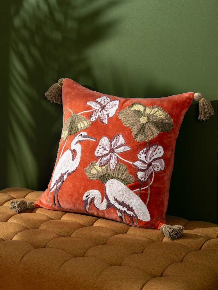 Wylder Coral Kushiro Embroidered Velvet 100% Cotton Cushion - Image 1 of 6