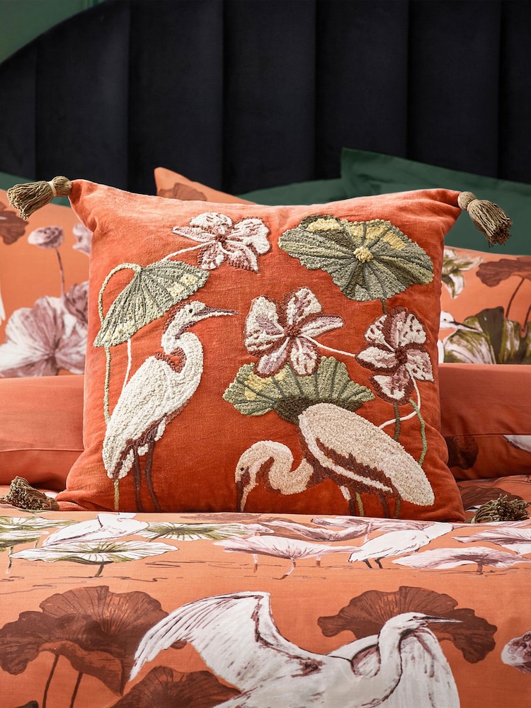 Wylder Coral Kushiro Embroidered Velvet 100% Cotton Cushion - Image 2 of 6