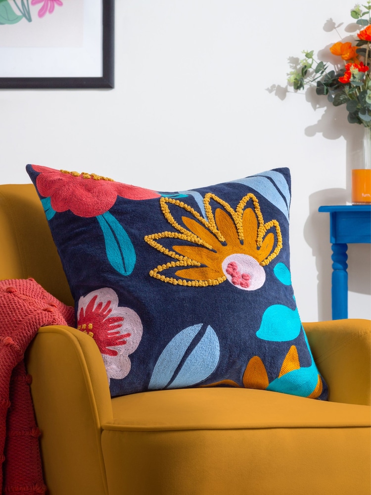 Furn Multicolour 100% Cotton Janey Floral Embroidered Cushion - Image 1 of 6