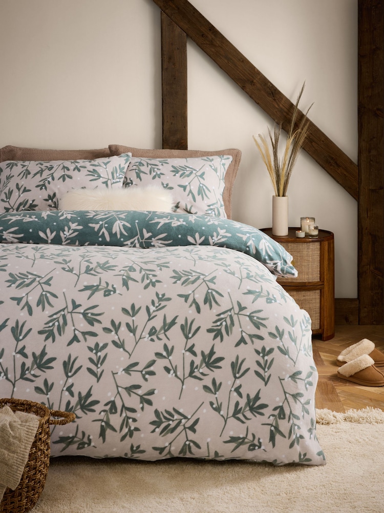 Green Reversible Mistletoe Christmas Printed Festive Icons Fairisle Pattern Fleece Duvet Cover and Pillowcase Set - Image 1 of 6