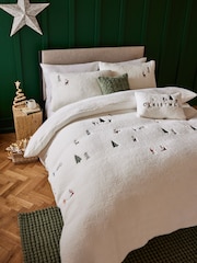 White Christmas Embroidered Fleece Duvet Cover and Pillowcase Set - Image 1 of 4