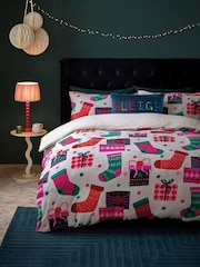 Multi Bright Christmas Printed Festive Icons Fairisle Pattern Fleece Duvet Cover and Pillowcase Set - Image 1 of 4