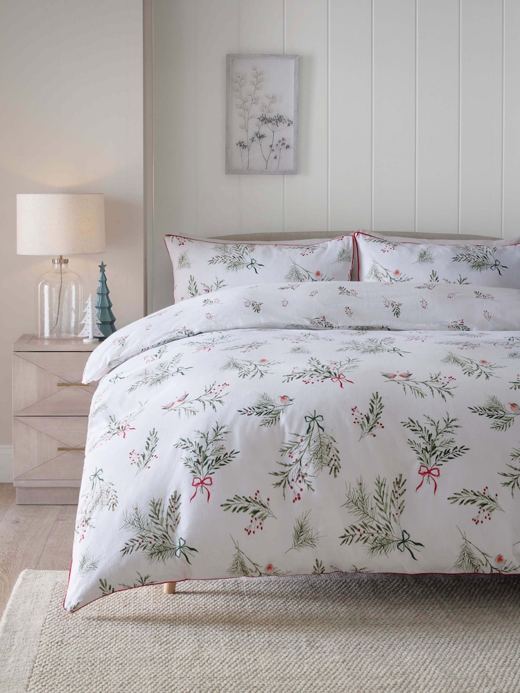 White/Winter Sprig Brushed 100% Cotton Christmas Duvet Cover and Pillowcase Set - Image 1 of 9