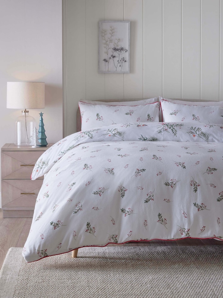 White/Winter Sprig Brushed 100% Cotton Christmas Duvet Cover and Pillowcase Set - Image 2 of 9