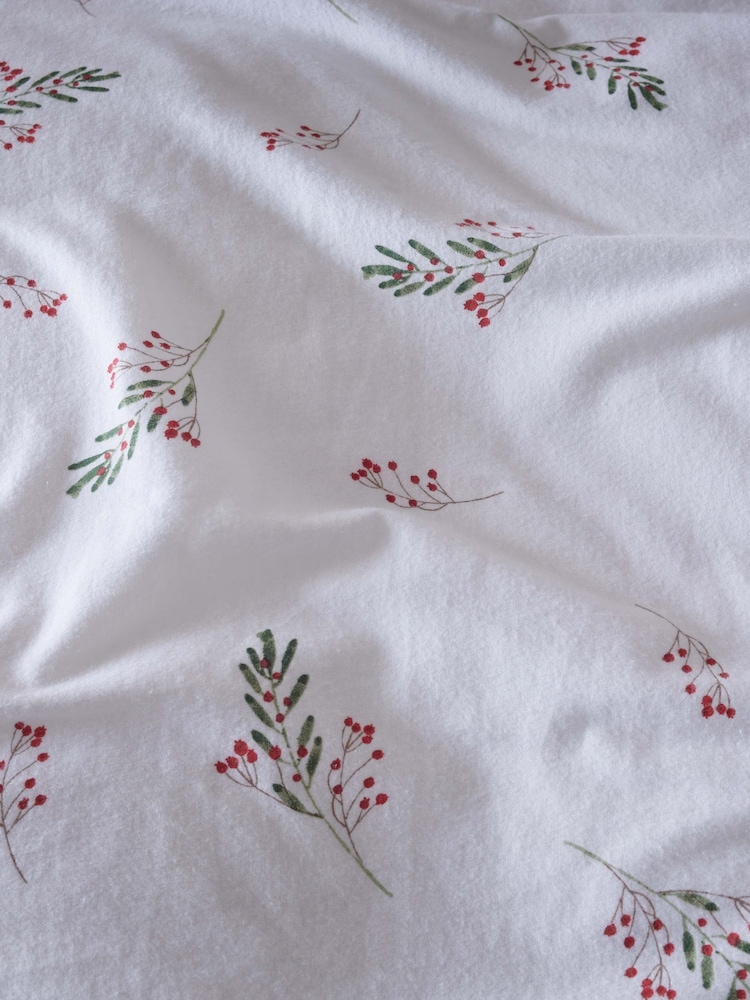 White/Winter Sprig Brushed 100% Cotton Christmas Duvet Cover and Pillowcase Set - Image 9 of 9