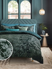 Teal Blue Floral Leaf Velvet Duvet Cover and Pillowcase Set - Image 1 of 4