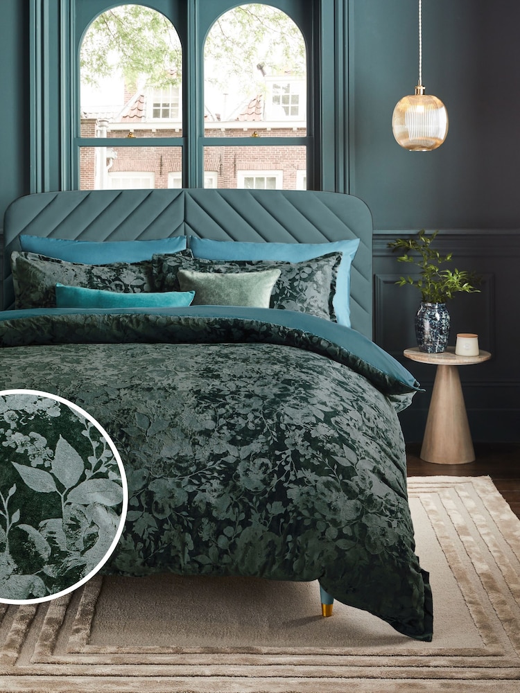 Teal Blue Floral Leaf Velvet Duvet Cover and Pillowcase Set - Image 1 of 4