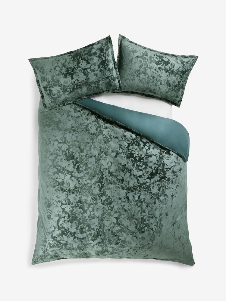 Teal Blue Floral Leaf Velvet Duvet Cover and Pillowcase Set - Image 4 of 4