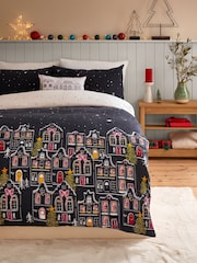 Navy Blue/White Houses Brushed 100% Cotton Christmas Duvet Cover and Pillowcase Set - Image 1 of 5