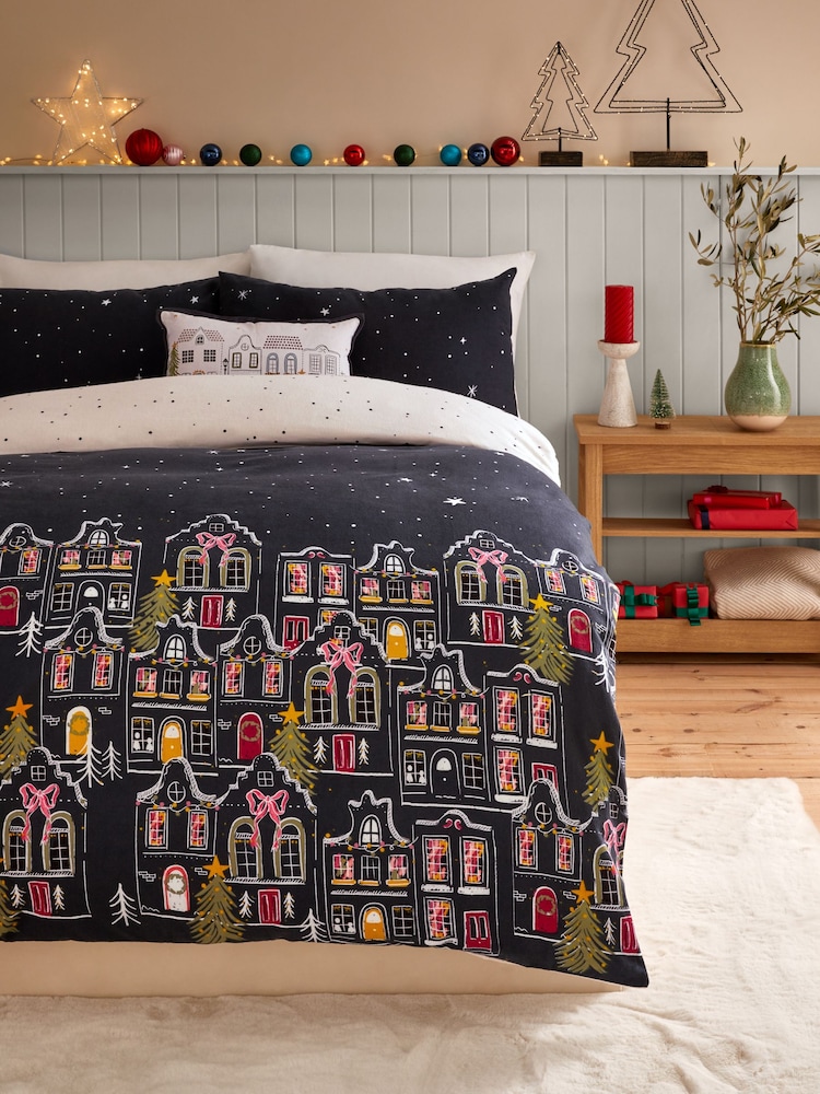Navy Blue/White Houses Brushed 100% Cotton Christmas Duvet Cover and Pillowcase Set - Image 1 of 5