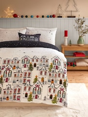 Navy Blue/White Houses Brushed 100% Cotton Christmas Duvet Cover and Pillowcase Set - Image 2 of 5
