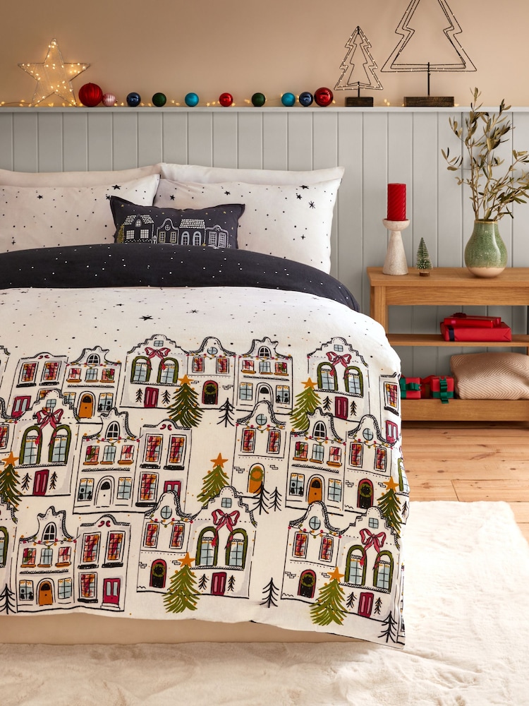 Navy Blue/White Houses Brushed 100% Cotton Christmas Duvet Cover and Pillowcase Set - Image 2 of 5