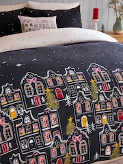 Navy Blue/White Houses Brushed 100% Cotton Christmas Duvet Cover and Pillowcase Set - Image 3 of 5
