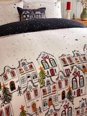 Navy Blue/White Houses Brushed 100% Cotton Christmas Duvet Cover and Pillowcase Set - Image 4 of 5