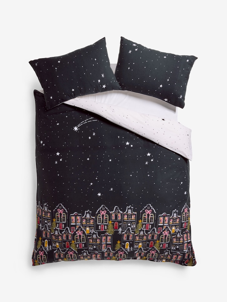 Navy Blue/White Houses Brushed 100% Cotton Christmas Duvet Cover and Pillowcase Set - Image 5 of 5