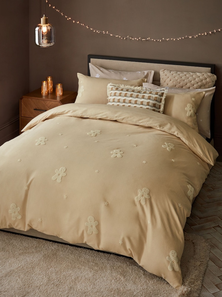 Natural Tufted Gingerbread Christmas Brushed 100% Cotton Duvet Cover and Pillowcase Set - Image 1 of 4