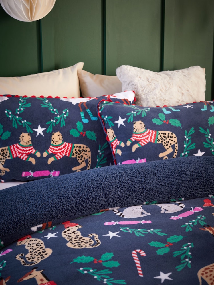 Navy Blue Christmas Safari Fleece Duvet Cover and Pillowcase Set - Image 2 of 4 Navy Blue Christmas Safari Fleece Duvet Cover and Pillowcase Set - Image 2 of 4