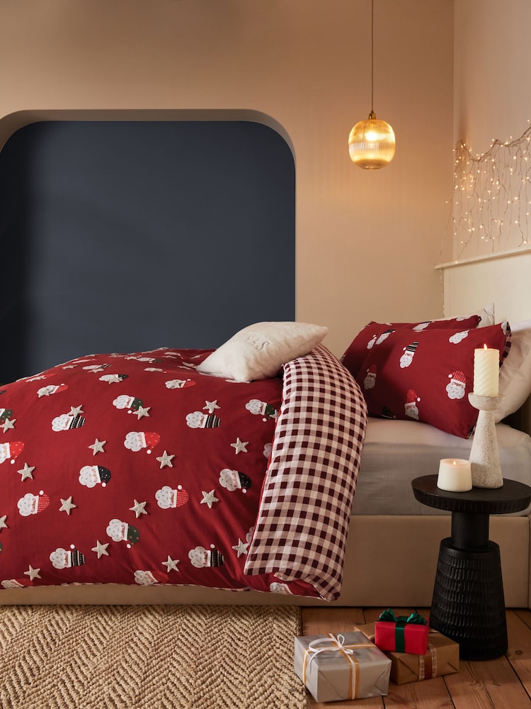 Red Tufted Christmas Santa and Reverse Check 100% Cotton Bedding Duvet Cover and Pillowcase Set - Image 2 of 5