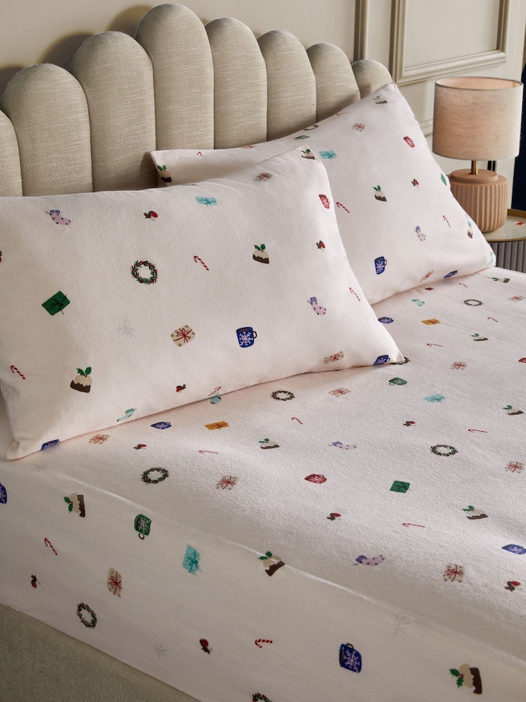 White/Festive Icons Brushed 100% Cotton Christmas Fitted Sheet and Pillowcase Set - Image 1 of 2