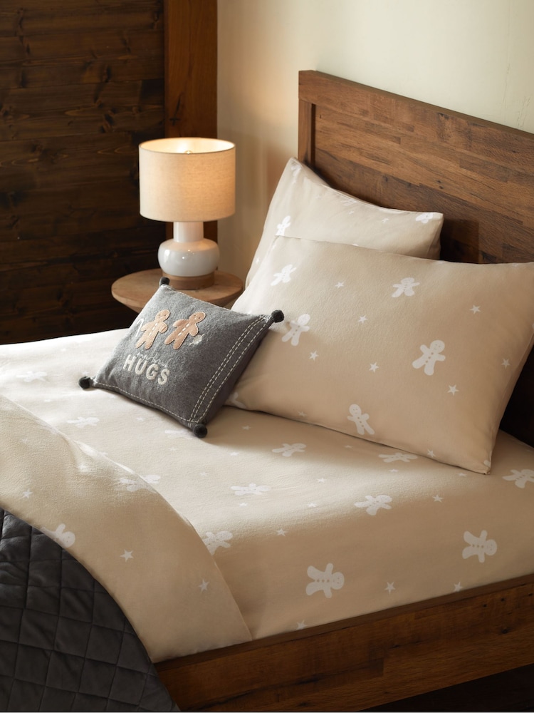 Natural Gingerbread Brushed 100% Cotton Christmas Fitted Sheet and Pillowcase Set - Image 1 of 1