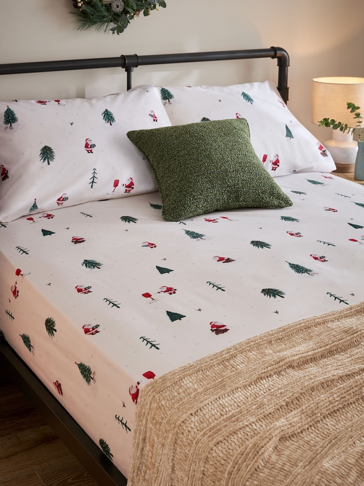 White Festive Santa Printed Fitted Sheet and Pillowcase Set - Image 1 of 2