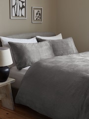 Charcoal Grey Checkered Embossed Fleece Duvet Cover and Pillowcase Set - Image 1 of 4