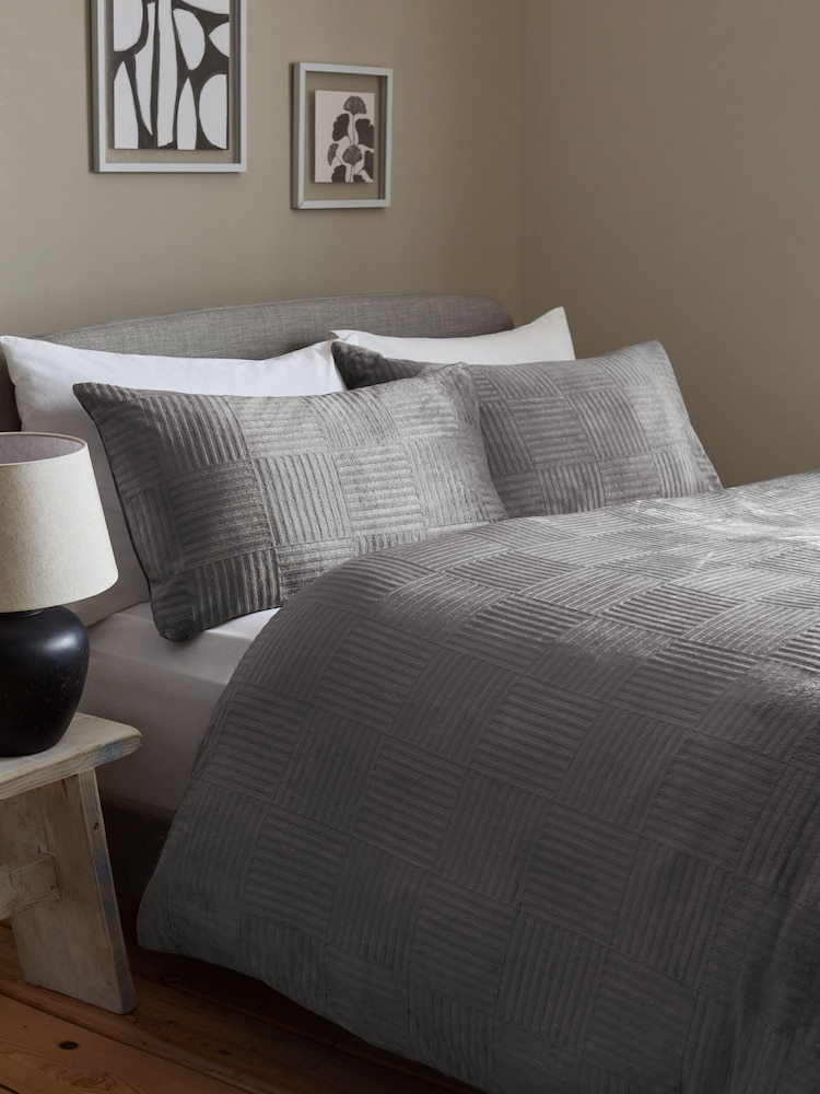 Charcoal Grey Checkered Embossed Fleece Duvet Cover and Pillowcase Set - Image 1 of 4