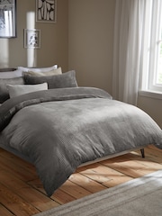 Charcoal Grey Checkered Embossed Fleece Duvet Cover and Pillowcase Set - Image 2 of 4