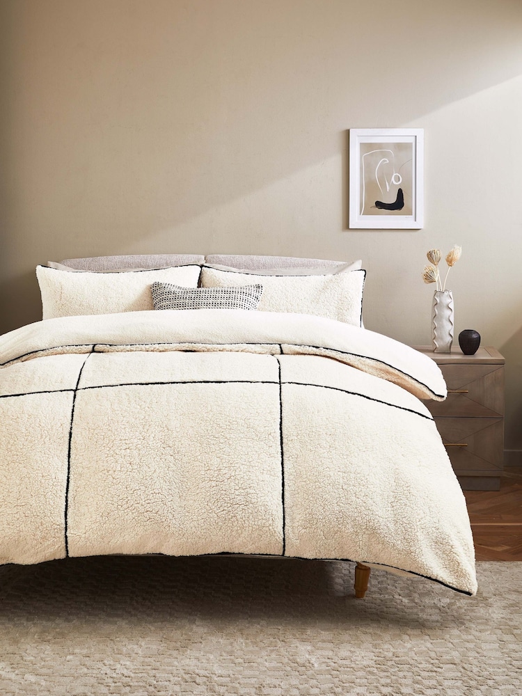Neutral Teddy Fleece With Trim Duvet Cover and Pillowcase Set - Image 1 of 5