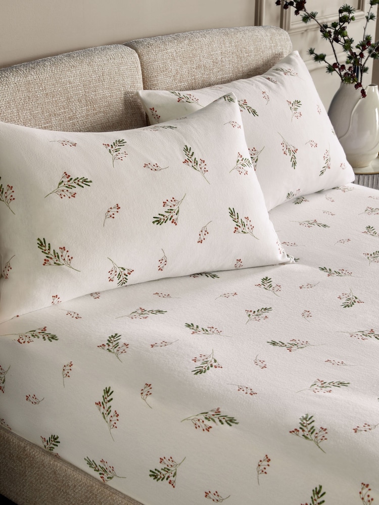 White/Winter Sprig Brushed 100% Cotton Christmas Fitted Sheet and Pillowcase Set - Image 1 of 1