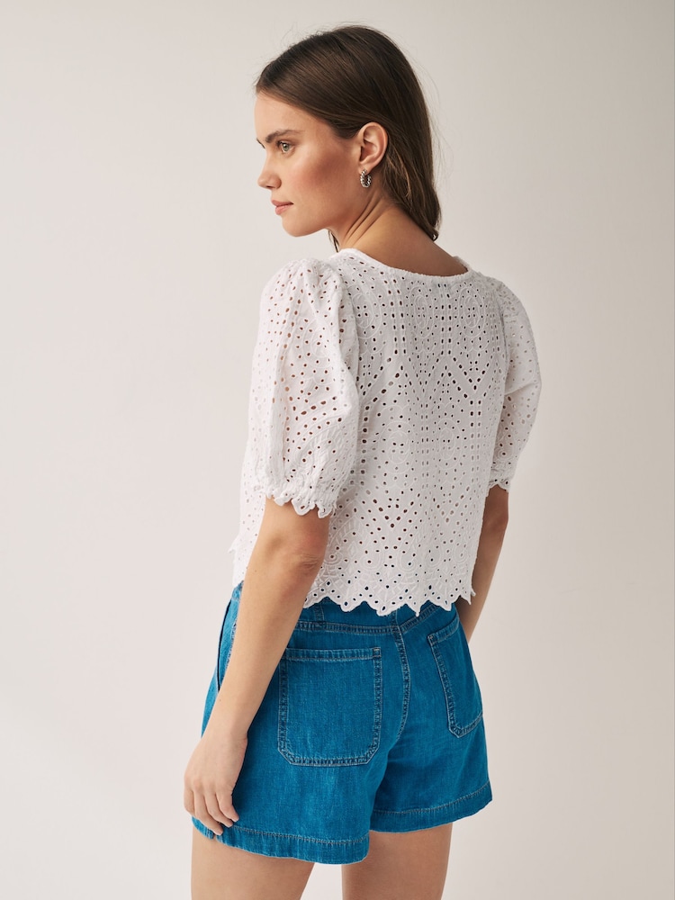 White Short Sleeve Broderie Tie Front Top - Image 2 of 5