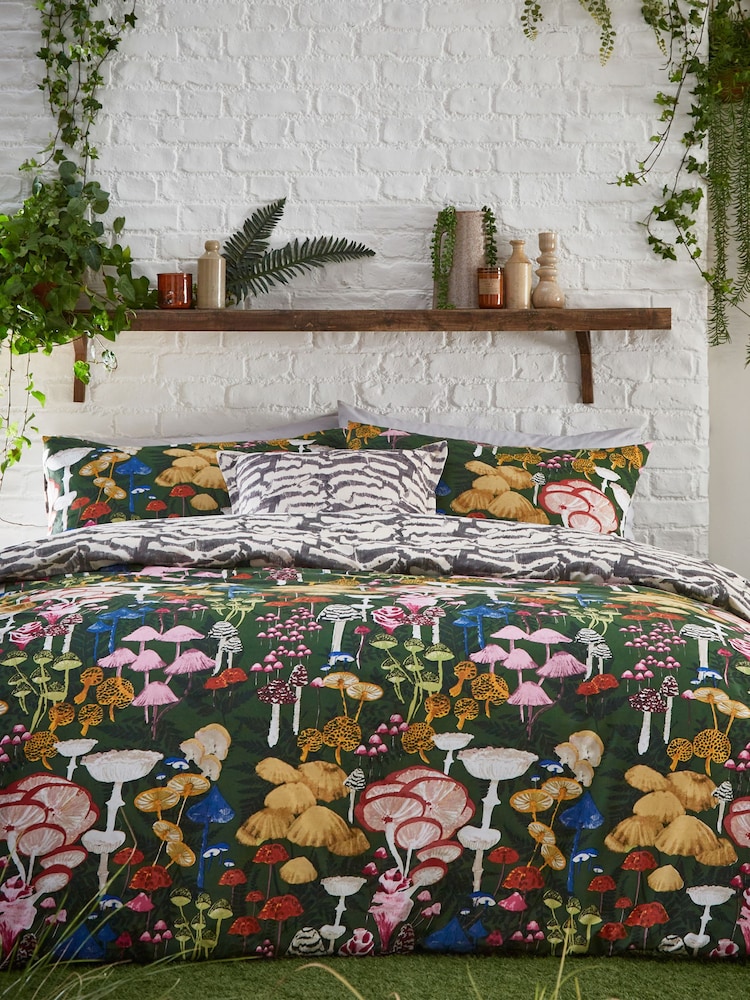 furn. Forest Green Amanita Abstract Mushroom Reversible Duvet Cover and Pillowcase Set - Image 1 of 4