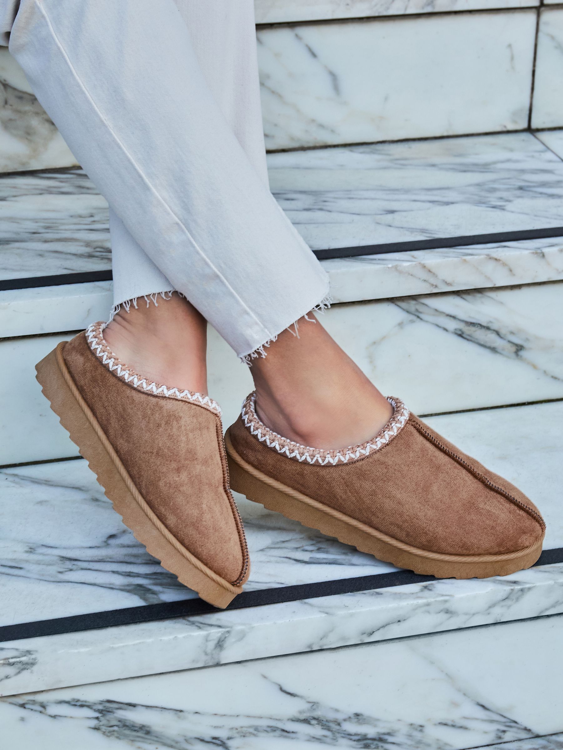 Buy Linzi Brown Tana Faux Suede Slip-On Slippers With Aztec Style Detail  from the Next UK online shop