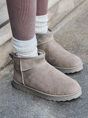 Linzi Light Grey Mini Addy Faux Suede Faux Fur Lined Ankle Boots - Image 1 of 5