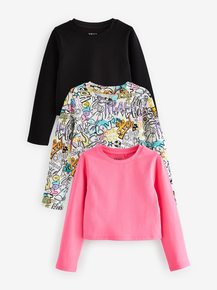 Black/Pink Graffiti Long Sleeve T-Shirt 3 Pack (3-16yrs) - Image 1 of 9